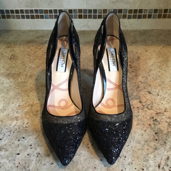 Lucy Choi London Black Glitter Cut Out Heels